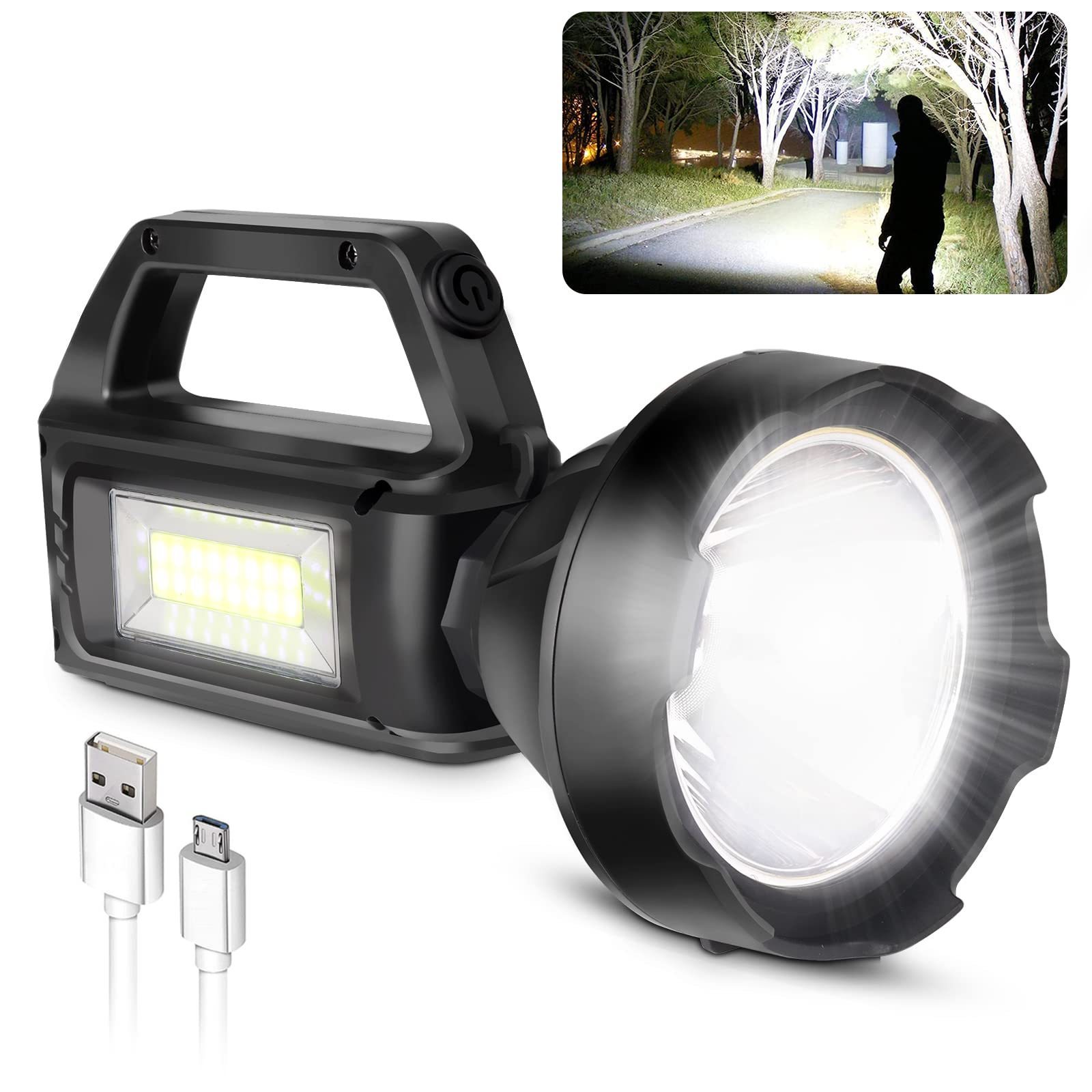 Rechargeable Handheld LED Spotlight Flashlight with COB sidelights 4 Modes Large Searchlight with Solar Charging for Outdoor