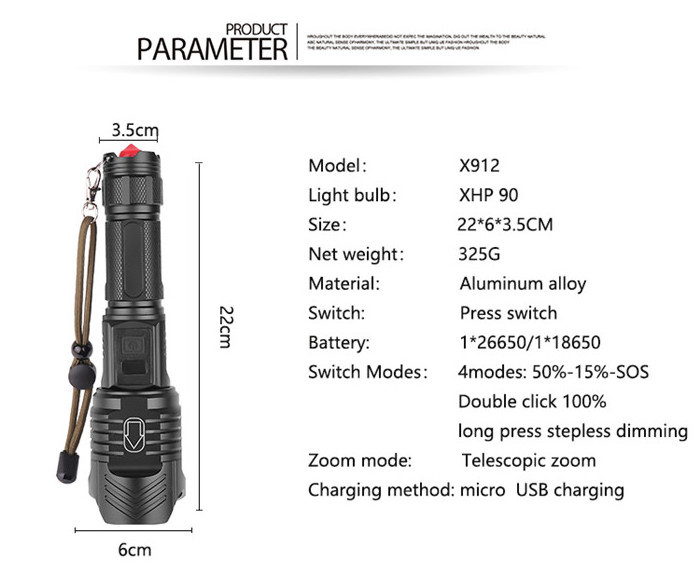 Powerful XHP90 Zoom LED Torch Flashlight Rechargeable LCD Screen Large Wide-angle Strong Light Flashlight With Safety Hammer