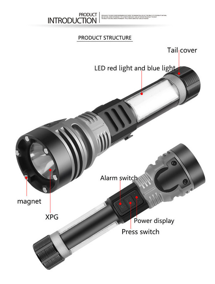 Self-Defense Magnetic LED Torch USB Rechargeable Red Blue Led Flashing Alarm Warning Light Flashlight With Cutter hammer