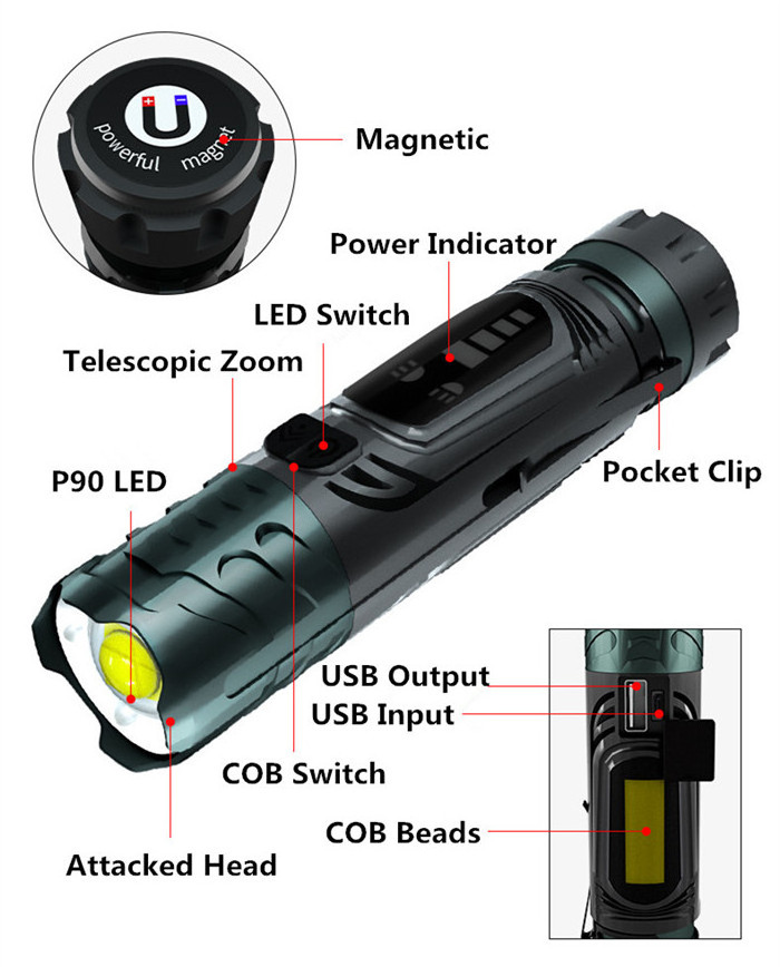 High Power led Flashlight XHP99 magnetic Pocket Clip torch USB Rechargeable Zoomable Powerful LED Torch Lamp with safety hammer