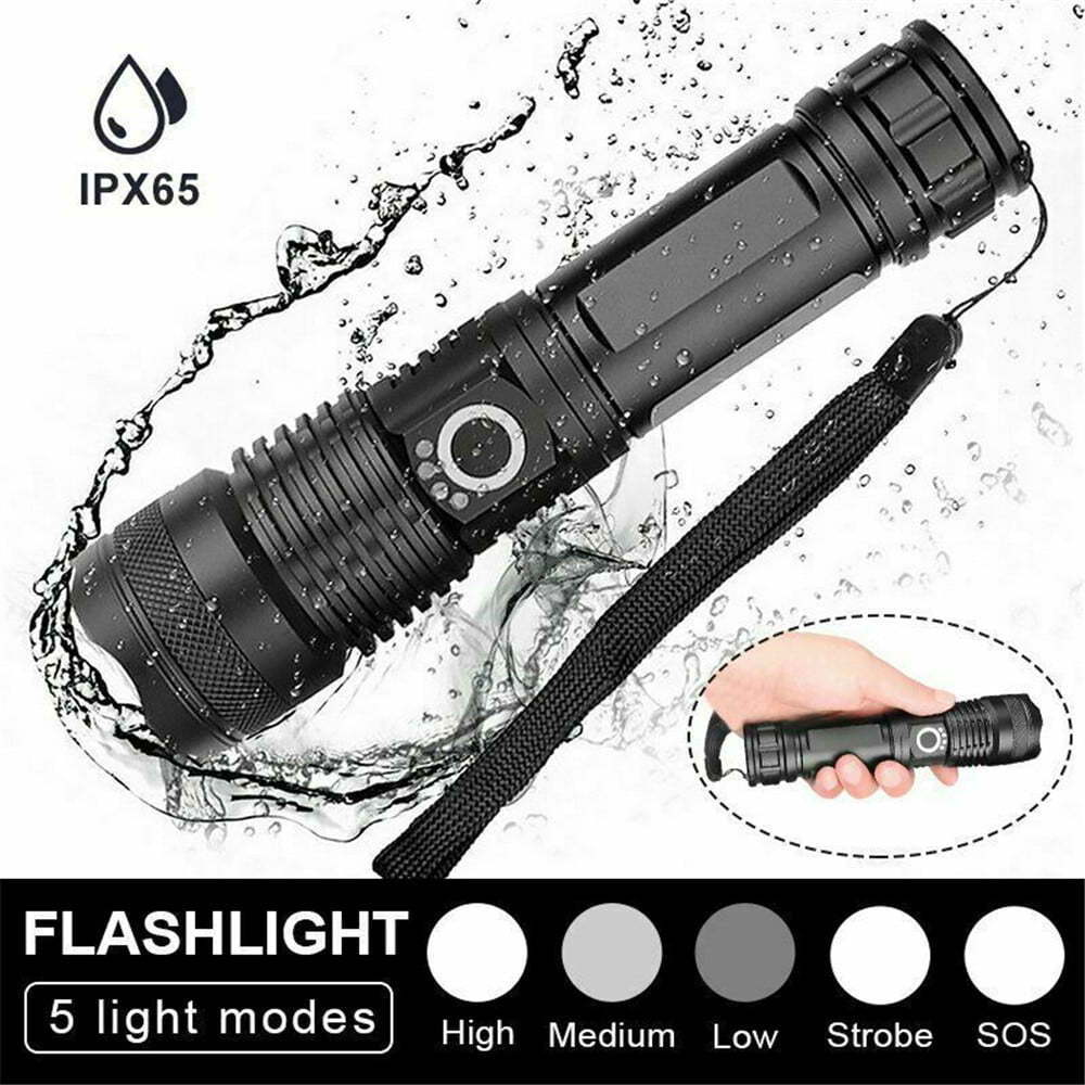 Powerful Flashlight USB Rechargeable Waterproof XHP50 Searchlight Super Bright 5 Modes LED Flashlight Zoom Bar Torch for Hiking