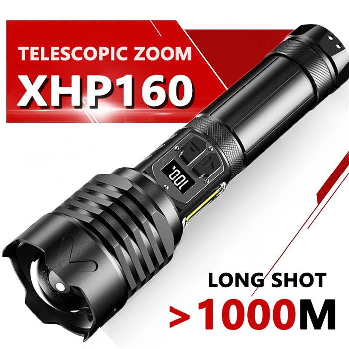 Powerful LED Torch XHP160 Double Switch Side Light COB Rechargeable Zoomable Tactlca Led Flashlight Long Range 1800LM 10 26650