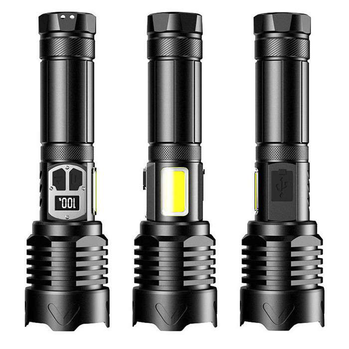 Powerful LED Torch XHP160 Double Switch Side Light COB Rechargeable Zoomable Tactlca Led Flashlight Long Range 1800LM 10 26650