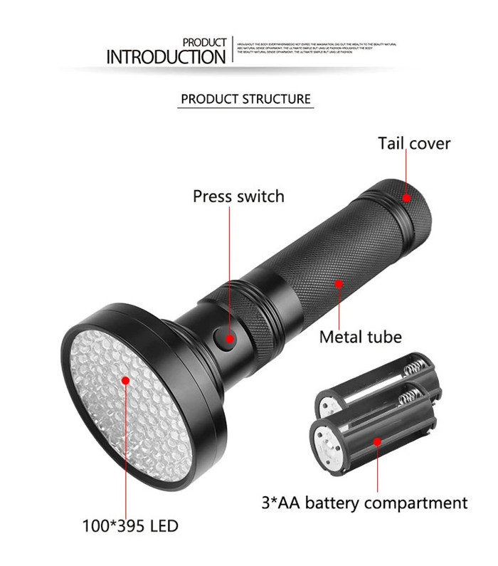 100LED UV Led Flashlight Torch Black Light UV Torch Lamp Portable Ultraviolet Handy Pet Urine Light Detector for Dog/Cat Urine