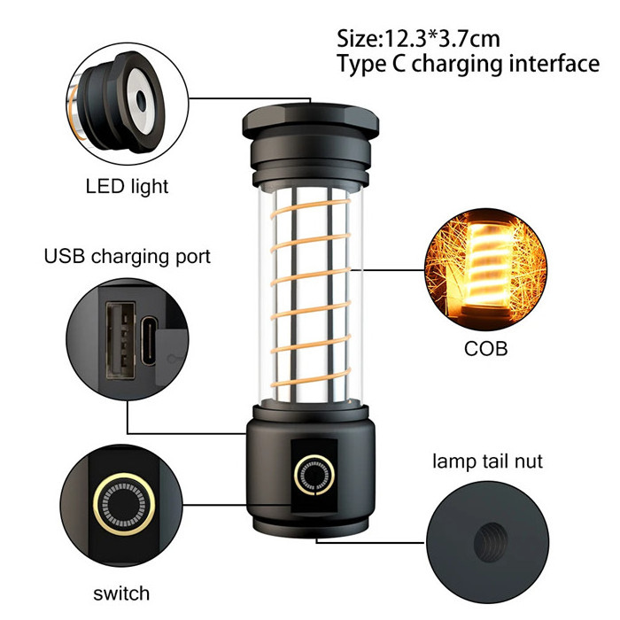 Portable Retro LED camping light USB rechargeable camping lantern for fishing hiking Waterproof outdoor tent flashlight