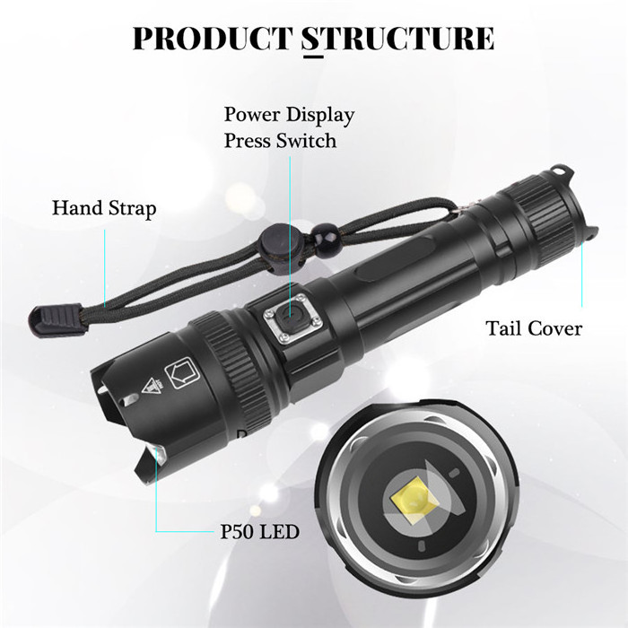 Super Bright XHP50 LED Flashlight Most Powerful led Torch Zoomable Tactical Flash Light Rechargeable Hunting LED Torch light