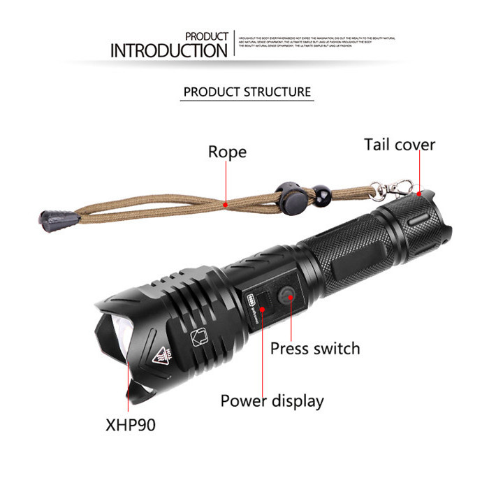 XHP90 LED High Power Flashlight 1800LM USB Rechargeable Zoomable Led Torch Waterproof Camping Hunting Self-defense Torch 18650