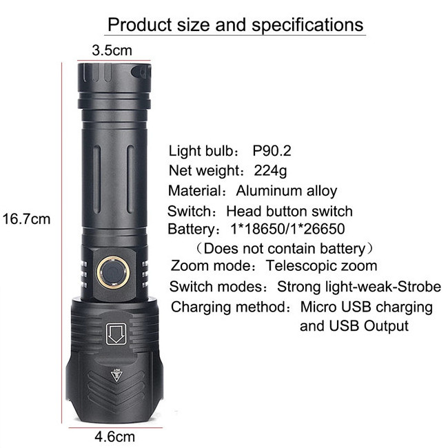 China Factory Supply XHP90 LED Zoom Flashlight Tactical Rechargeable Powerful Torch Light Handheld Flashlight With Power Bank