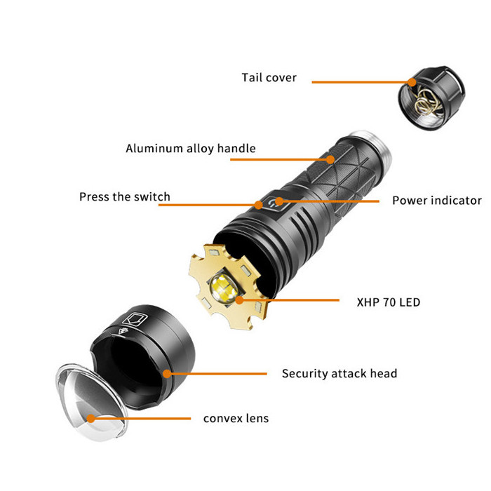 Hot sale High Lumen XHP70 LED Flashlight Rechargeable Zoomable LED Flashlights 5 Modes Waterproof Powerful led torch