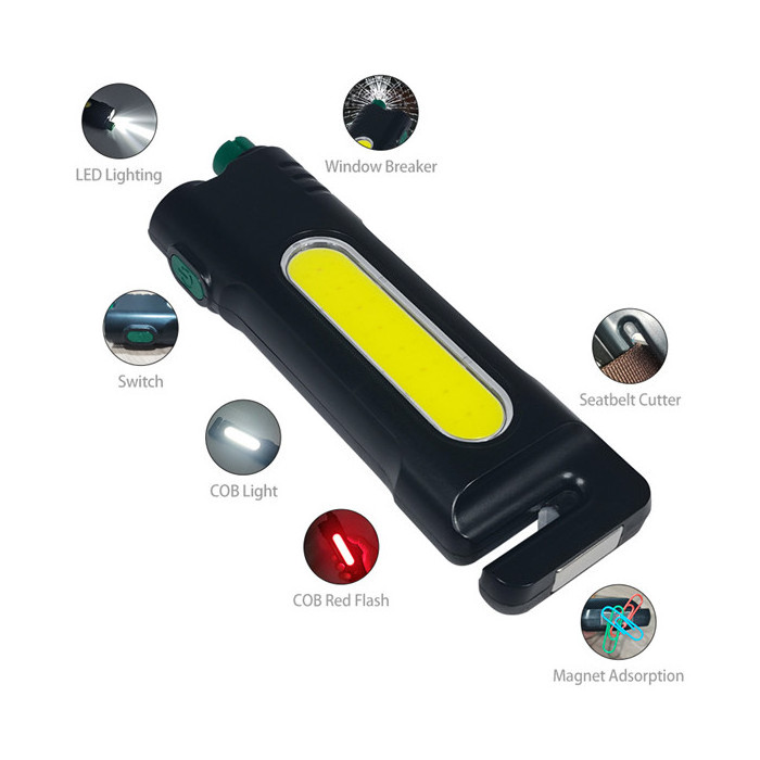 Multifunction Emergency Car led Torch Escape Tool flashlight with car window breaker and belt cutter Magnetic COB Work Light