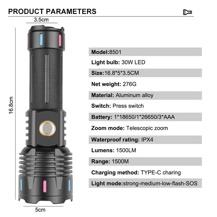 Powerful Tactical LED Flashlight 30W LED 1200 Lumen Torch light Type-C Rechargeable Zoomable 5 Modes Led torch Flashlight