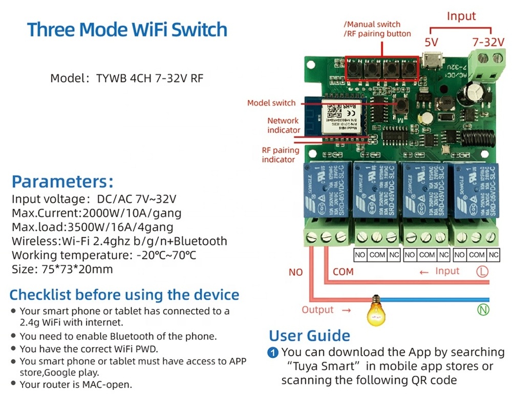 Tuya APP Wireless WIFI Smart LED Light 4Gang Network Switch Module PCB Compatible with Alexa and Google Home