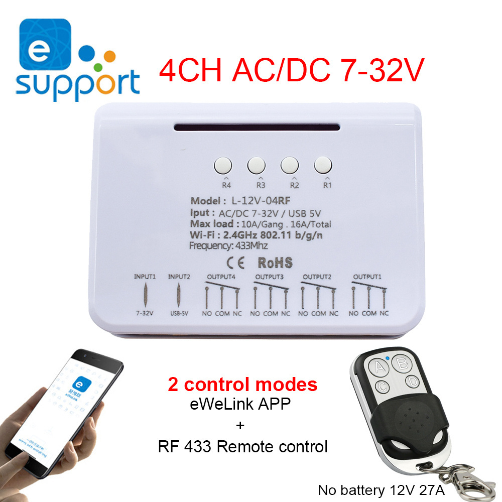 SMG-E0304 EWelink 4CH Smart Wireless Switch 7-32V 12V 24V WiFi Relay Module RF Smart Home APP Remote Control