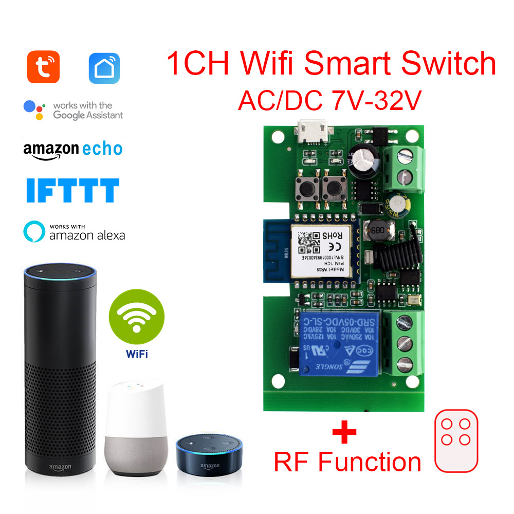 SMG Tuya Wifi Smart Switch 1CH Relay Module DC5V 12V 24V AC 32V Self-locking RF433 Receiver Timer Work with Alexa Google Home