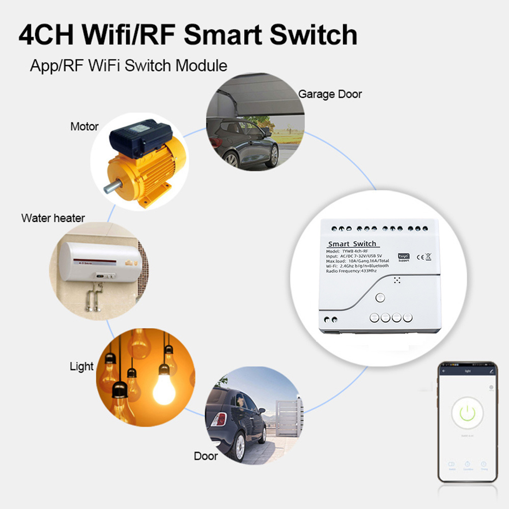 4CH RF Smart Switch 12V 24V 7-32V AC DC WIFI Tuya Remote Control 433 Light Switch 10A Rele Relay Self-locking interlock inching