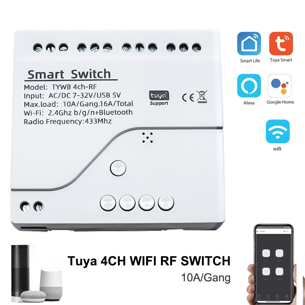 4CH RF Smart Switch 12V 24V 7-32V AC DC WIFI Tuya Remote Control 433 Light Switch 10A Rele Relay Self-locking interlock inching