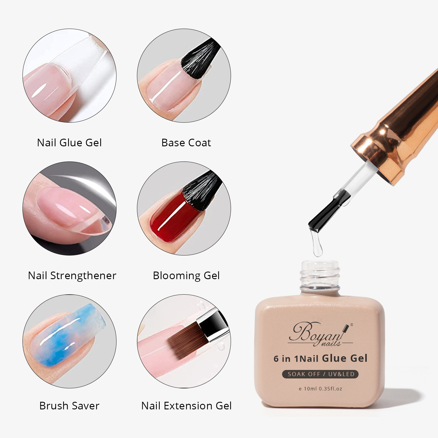 SCI Wholesale 10ml Multifunction 6 IN 1 Base Coat Glue Gel Extension Strengthener UV Gel Hema Free Nail Polish