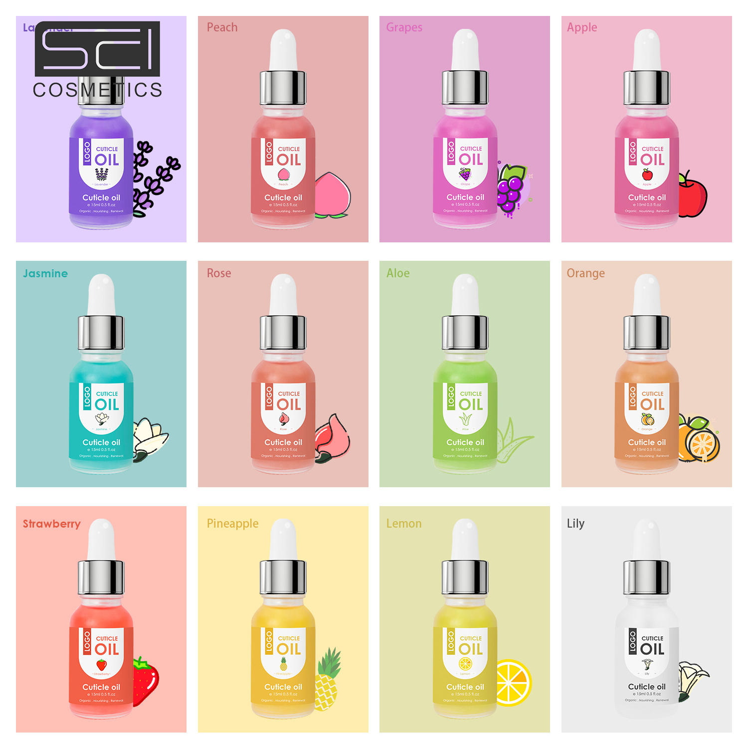 12 Flavors Organic Clear Dropper Bottles Nail Cuticle Oil Natural Cuticle Revitalizing Oils with Vitamin E