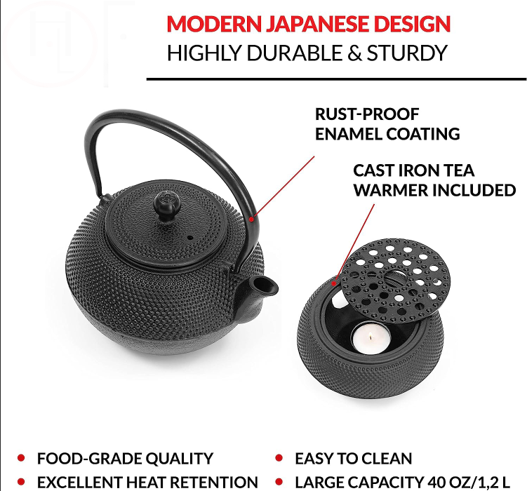 Home Cast Iron Teapot Set  Enamel Coated Cast Iron Tea Kettle with Tea Cups, Saucers, Infuser & Warmer