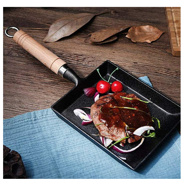 Iron Tamagoyaki Pan Cast Skillet Omelet Rolled Egg Pan Nonstick Frying Pans with Wooden Handle - Square Grill