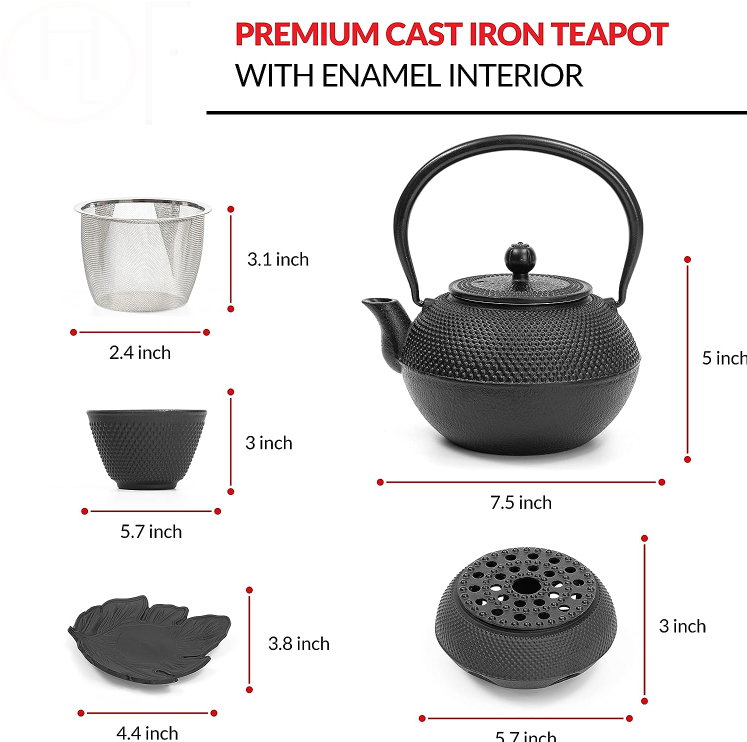 Home Cast Iron Teapot Set  Enamel Coated Cast Iron Tea Kettle with Tea Cups, Saucers, Infuser & Warmer