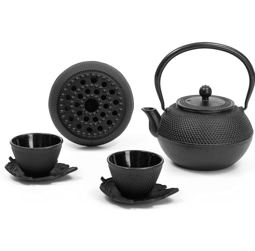 Home Cast Iron Teapot Set  Enamel Coated Cast Iron Tea Kettle with Tea Cups, Saucers, Infuser & Warmer