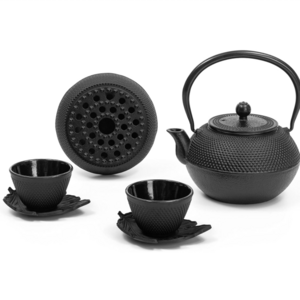 Home Cast Iron Teapot Set  Enamel Coated Cast Iron Tea Kettle with Tea Cups, Saucers, Infuser & Warmer