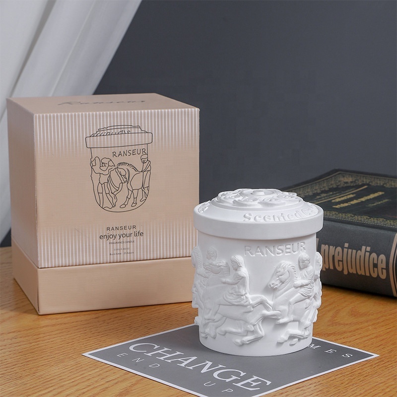 Wholesale Romanesque style Embossed Sculpture White Jar Soy Wax Scented Candle With Lid