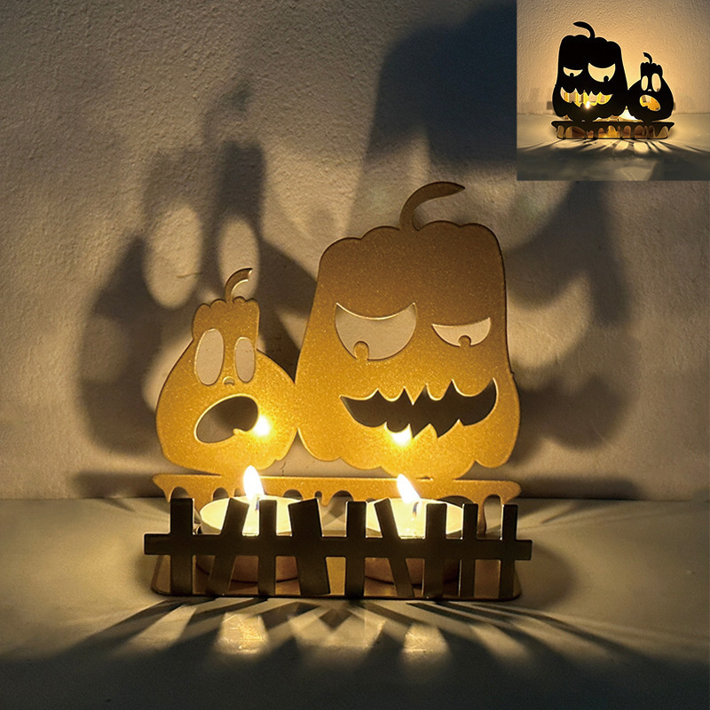 Halloween Pumpkin Ghost Brass Cast Black Metal Unique Iron Decorative Large Gold Pillar Taper Candle Tealight Holder