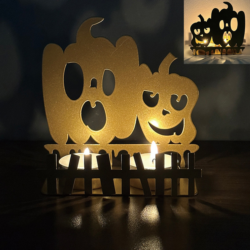 Halloween Pumpkin Ghost Brass Cast Black Metal Unique Iron Decorative Large Gold Pillar Taper Candle Tealight Holder