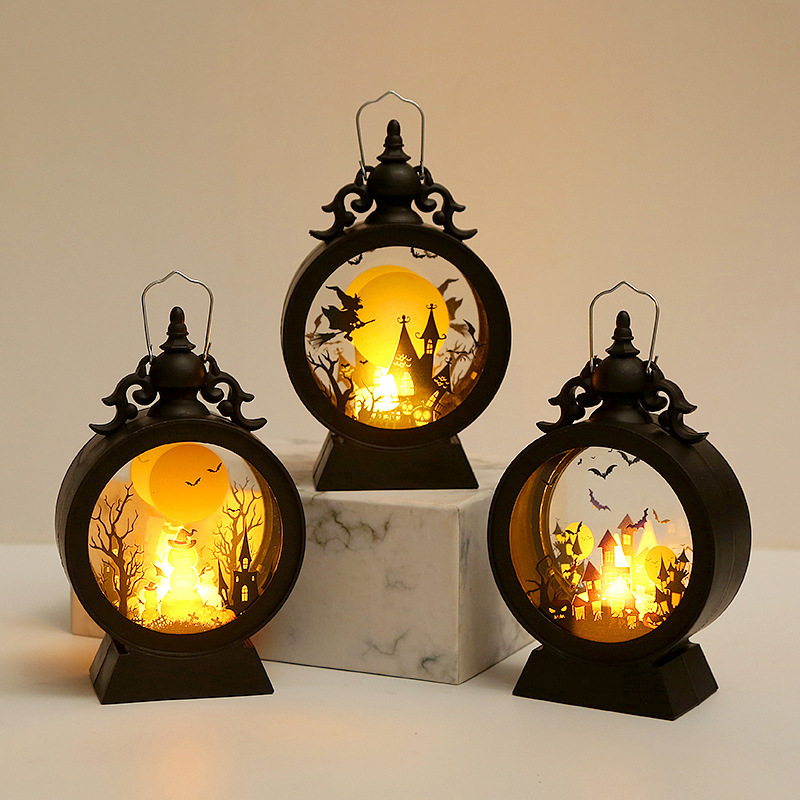 Creative Retro Style Halloween Decorations Round Shape Table Ornaments LED Plastic Hand-held Wind Lamps Lanterns