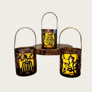 Decorative Unique Design Pumpkin leaf Owl Halloween Vintage Gold Black Metal Iron Taper Pillar Tealight Candle Holder Jar