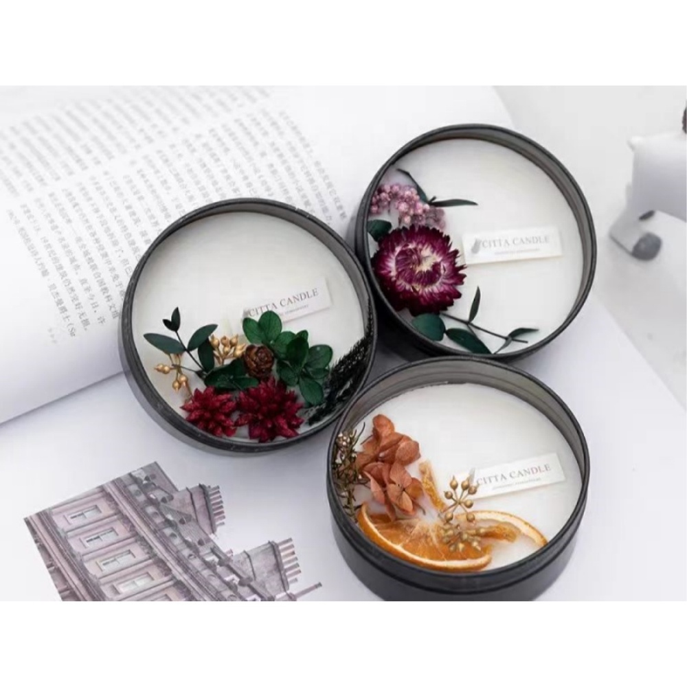 Hot Selling Custom Black Tin Dried Fruit Flower Soy Wax Botanic Floral Scent Wholesale Tin Scented Luxury Candles