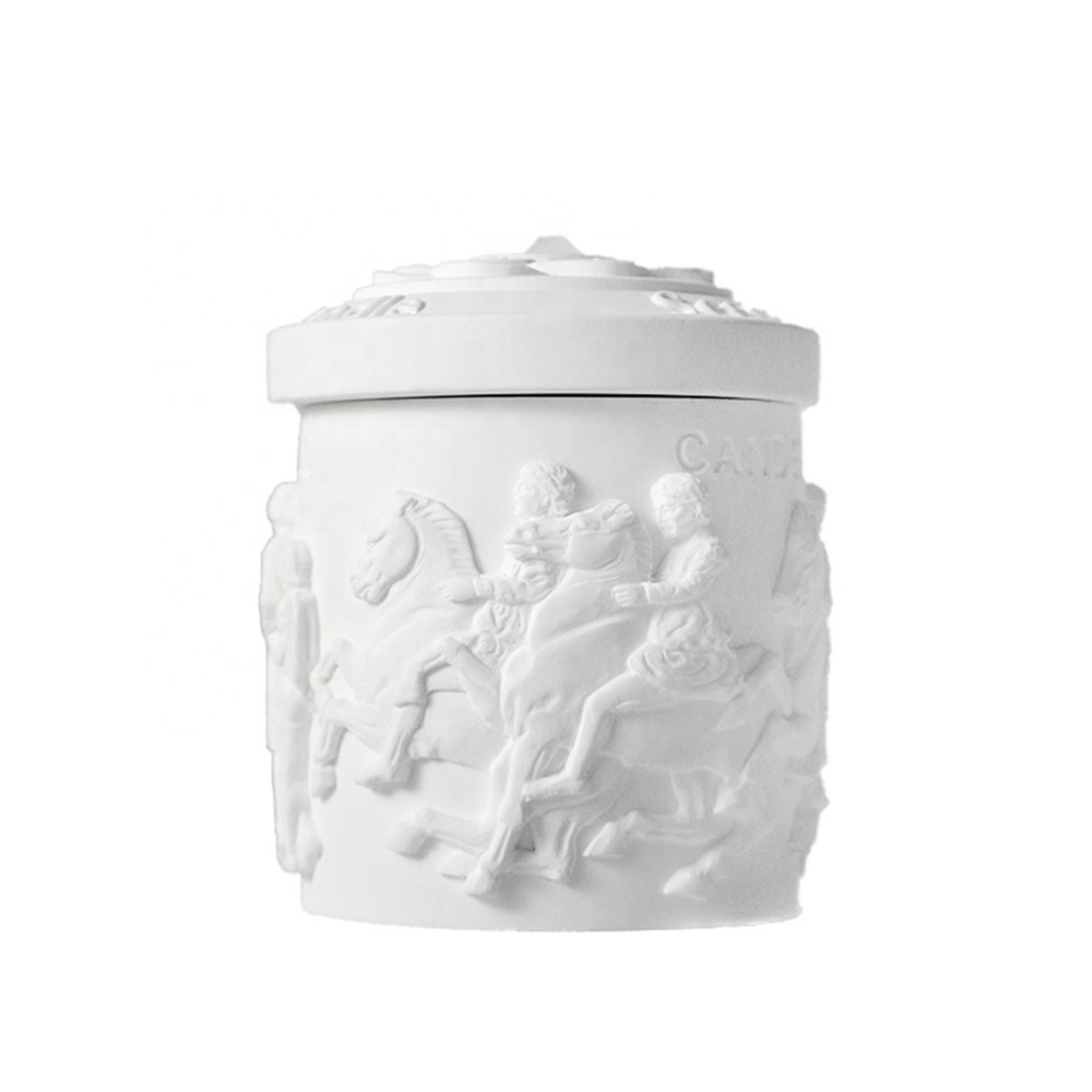 Wholesale European Style Embossed Statue White Soy Wax Scented Candle Jar With Lid