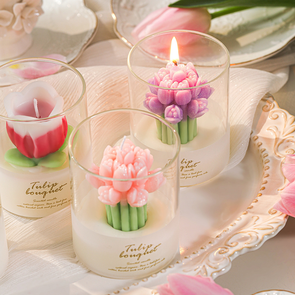 Luxury Valentine's Day Gift Glass Tulip Flower Bouquet Fragrance Aroma Candle