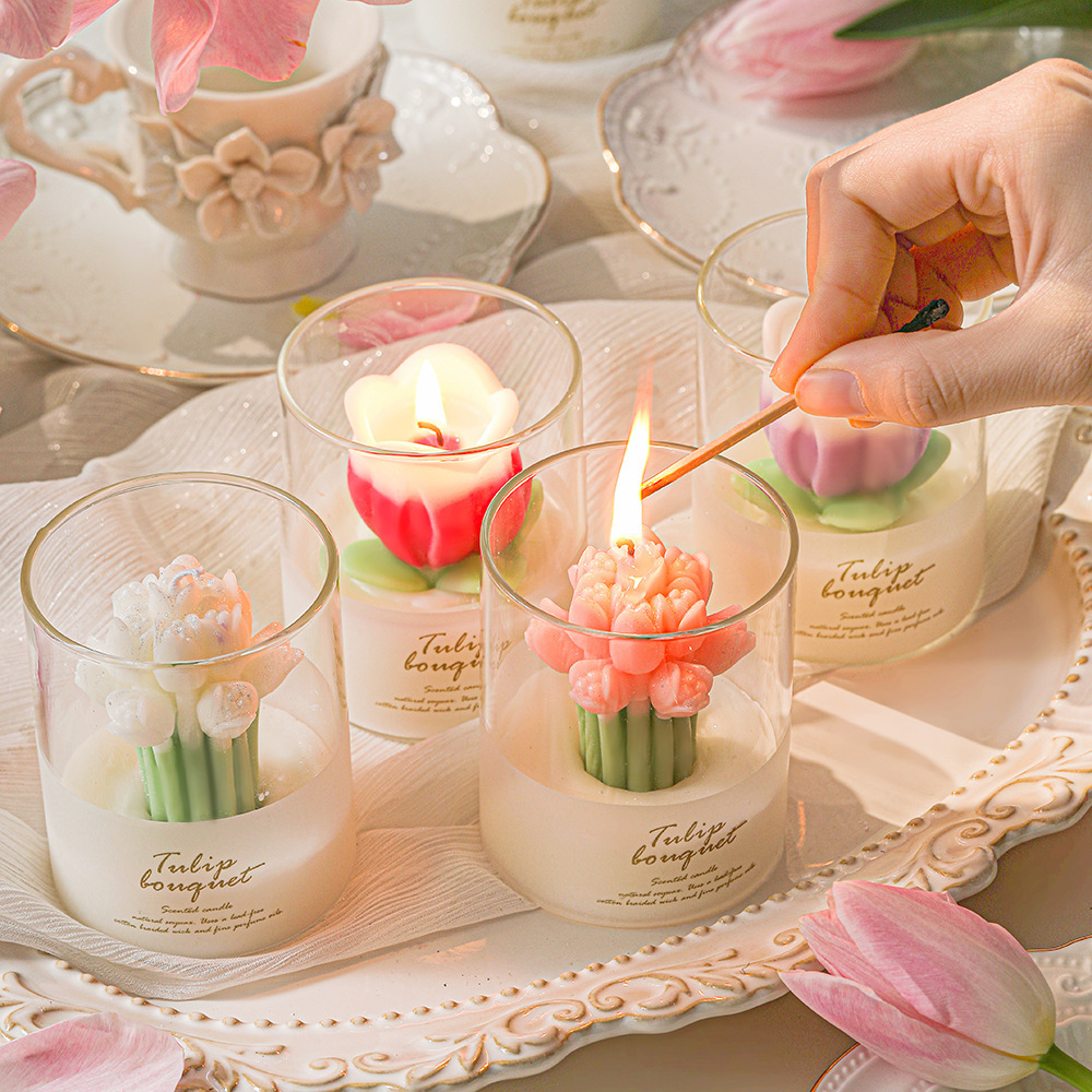 Luxury Valentine's Day Gift Glass Tulip Flower Bouquet Fragrance Aroma Candle