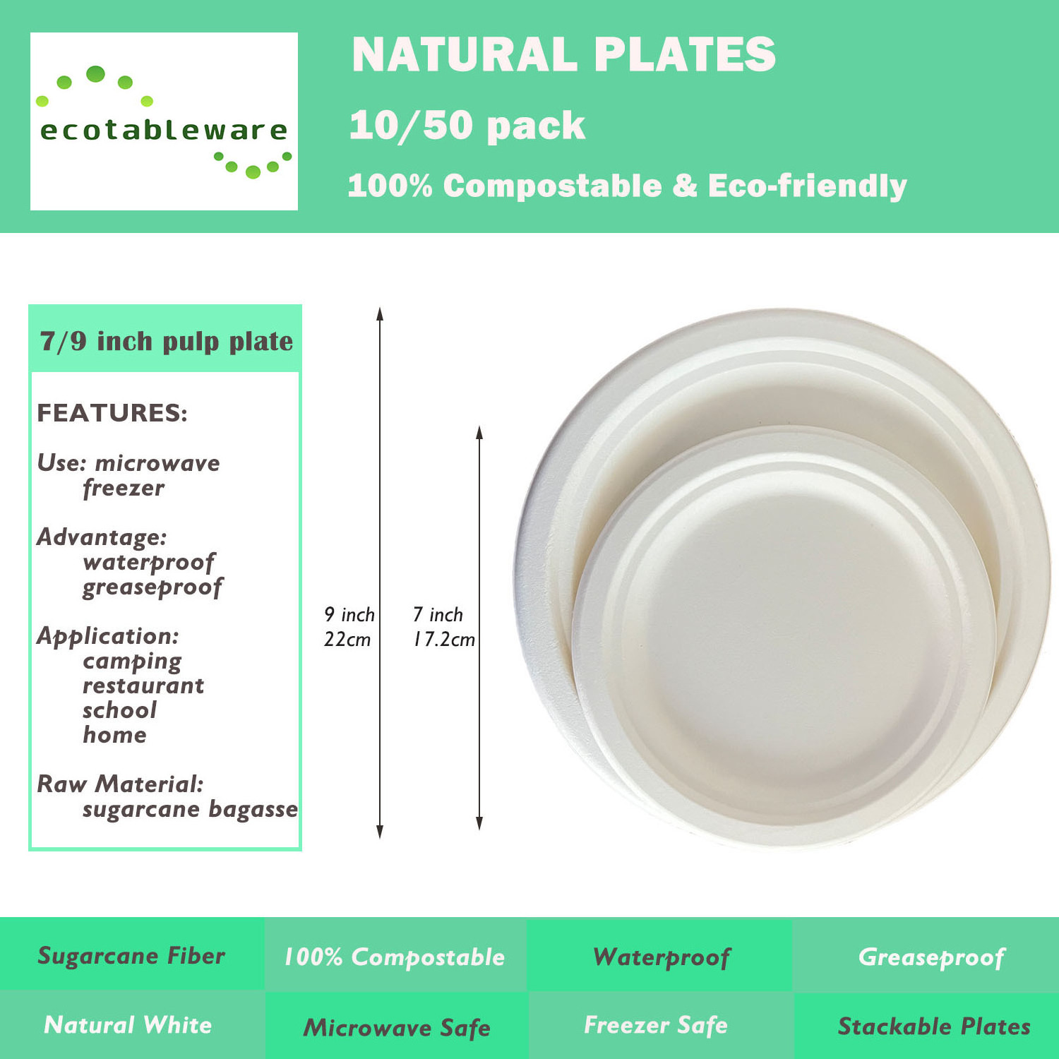 Kw Restaurant Eco Friendly 100% Compostable Camping Party Microwaveable 9 Inch Bagasse Pulp Paper Plates Disposable