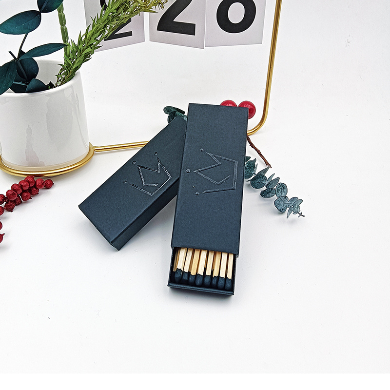 Safety box matches with logo, hotel home custom black box letterpress black logo, colorful luxury candle matches