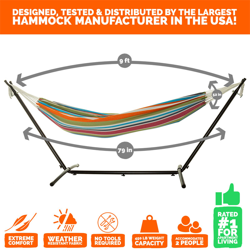 Double Cotton Hammock with Space Saving Steel Stand Tropical (450 lb Capacity - Premium Carry Bag Included)