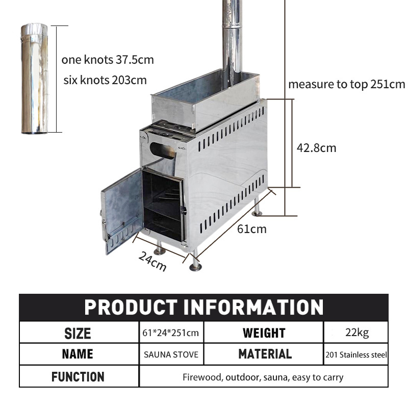 New Design Factory Price Portable Stainless steel Wood Stove Sauna Tent Stove with Long Chimney for Outdoor Picnic Ice Fishing