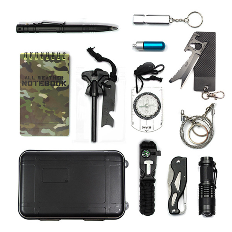 12 in 1 Outdoor Survival Gear Camp Emergency Tool with Compass Fire Starter Flashlight Whistle Tactical Pen for Climbing