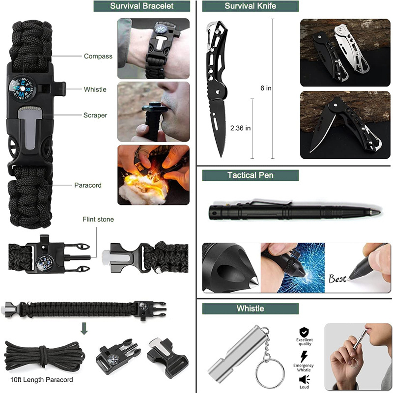 12 in 1 Outdoor Survival Gear Camp Emergency Tool with Compass Fire Starter Flashlight Whistle Tactical Pen for Climbing