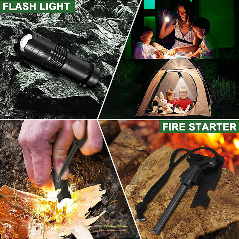 12 in 1 Outdoor Survival Gear Camp Emergency Tool with Compass Fire Starter Flashlight Whistle Tactical Pen for Climbing