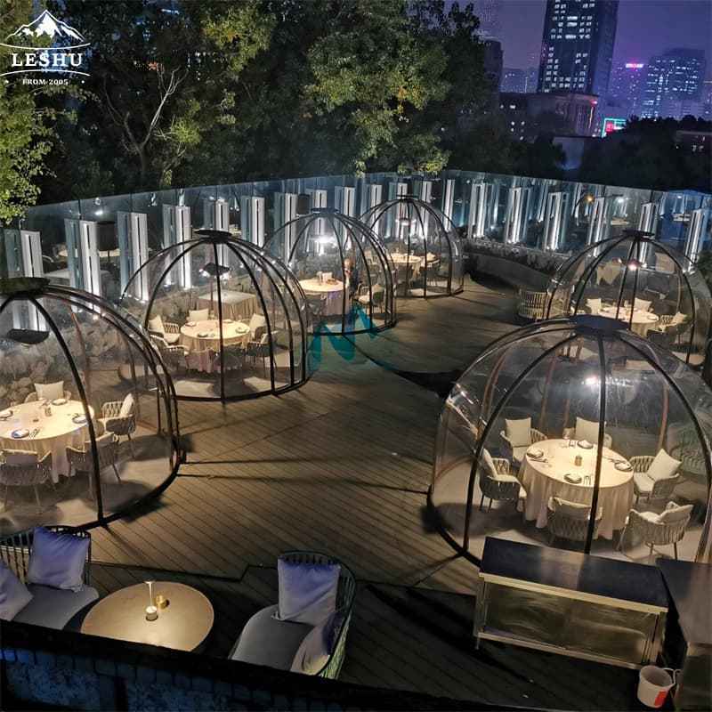 LESHU Outdoor PVC geodesic dome house , hotel dome tent , family igloo glamping with toilet