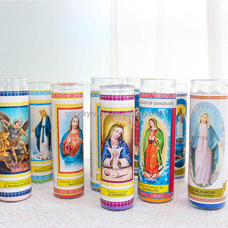 Wholesale Multi Decal Catholic Religious Candles  Sanctuary Series Assorted Saints 7 Day Religious Prayer Candles