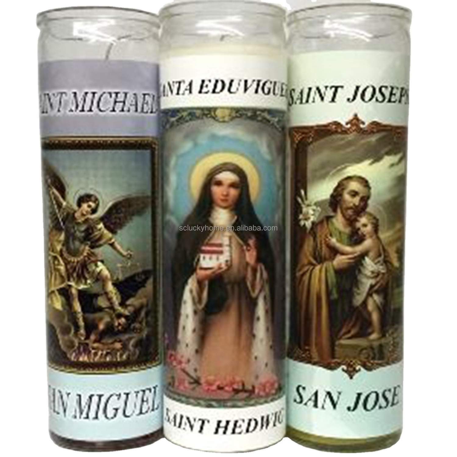 wholesale custom LED celebrity mexican black glass jar yellow prayer large pillar saint candles 7 day prayer candles