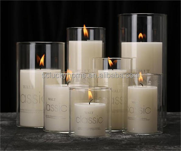 (glass candle bottle is optional )Wholesale different size real wax pillar candle with candelabra for wedding table decoration