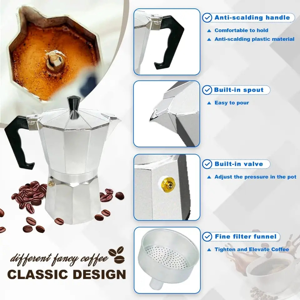 Custom portable Italian aluminum stovetop moka pot coffee maker 1/2/3/6/9/12 cup small mini espresso cafetiere for travel camp