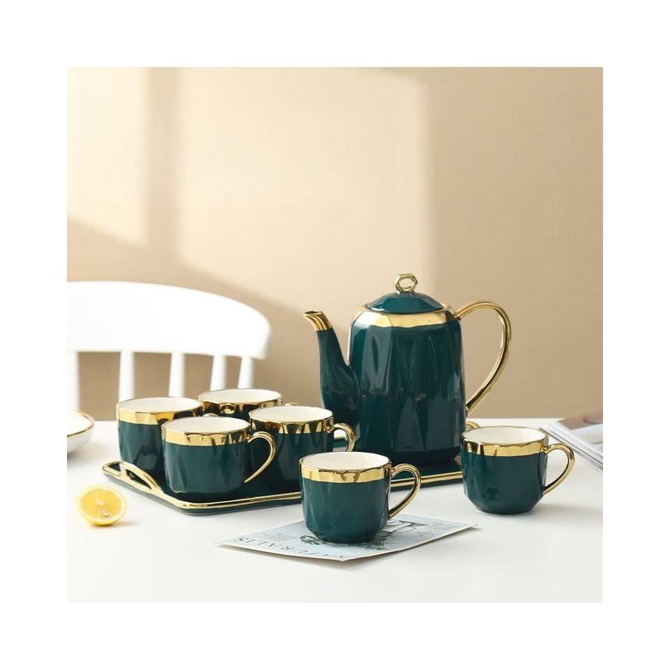 Classical design royal green porcelain coffee tea pot six cups set european luxury ceramic tea sets with gift box