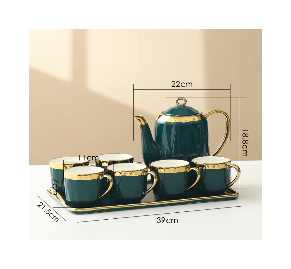 Classical design royal green porcelain coffee tea pot six cups set european luxury ceramic tea sets with gift box